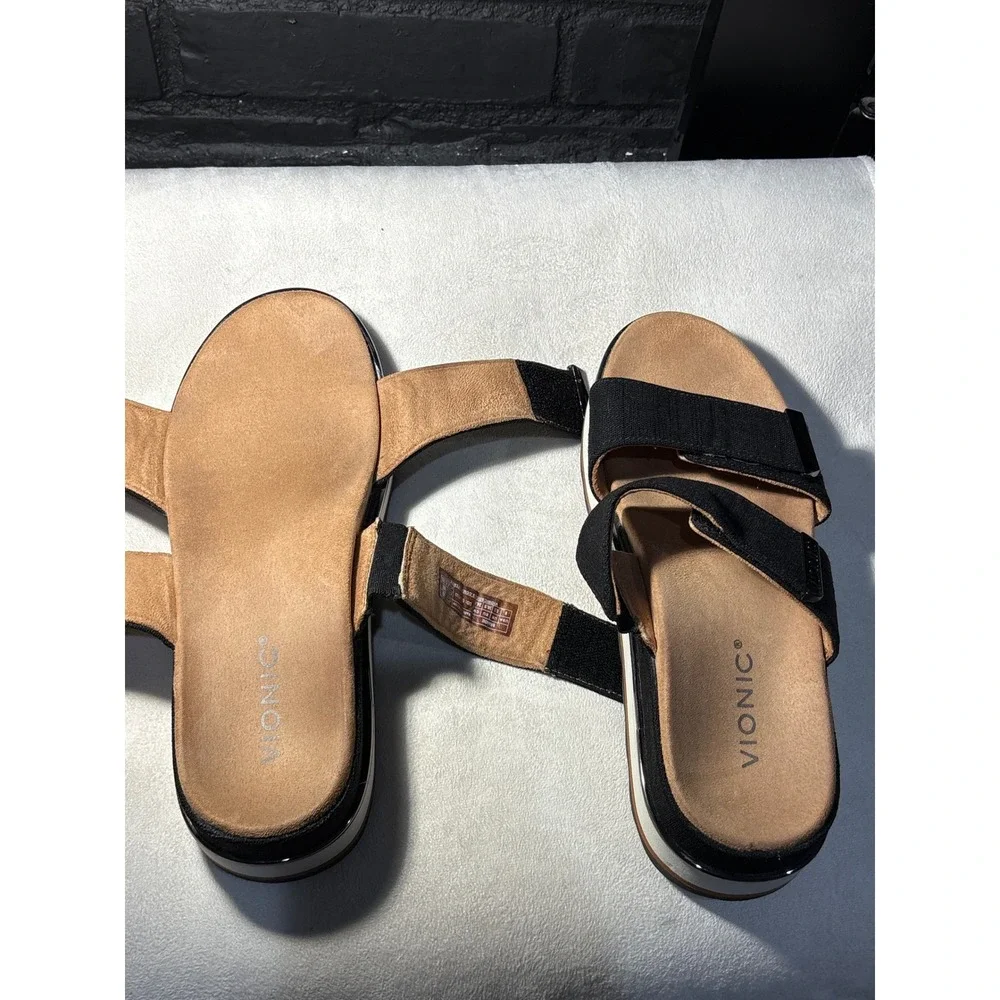 Vionic Sandals Women 8 Black Brandie Platform Slide with Adjustable Straps